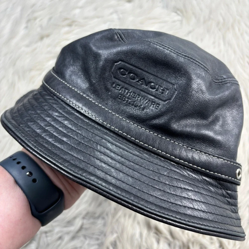 Vintage Y2K Coach Women's S Black Leather Bucket Hat Designer Cool Girl Street